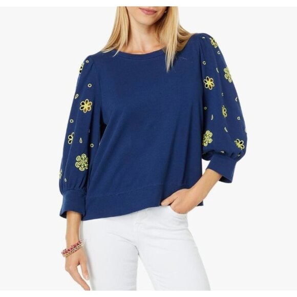 Lilly Pulitzer Womens Corden Knit Sweatshirt Embroidered Sleeves Blue Size Large - Picture 1 of 8